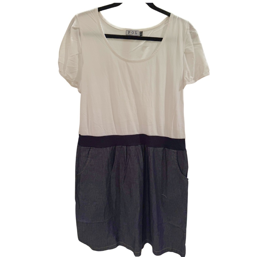 NWOT POL- White teeshirt material with denim bottom dress